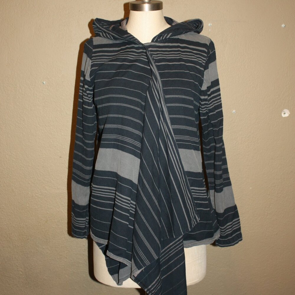 LOOMSTATE ORGANIC COTTON HOODED OPEN PONCHO JACKET STRIPED BLUE GRAY - SMALL 2 4
